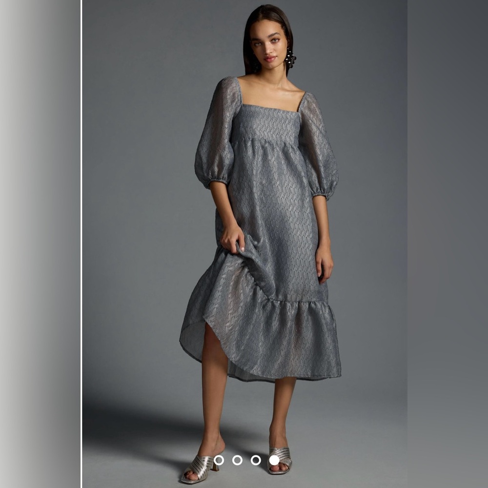 ANTHROPLOGIE NWT Gray Textured Puff Sleeve MIDI Dress Medium